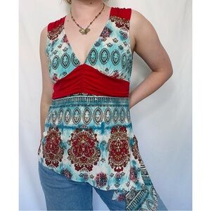 Tempted | Red White & Blue Asymmetrical Shimmer Tank Top Y2k Style
